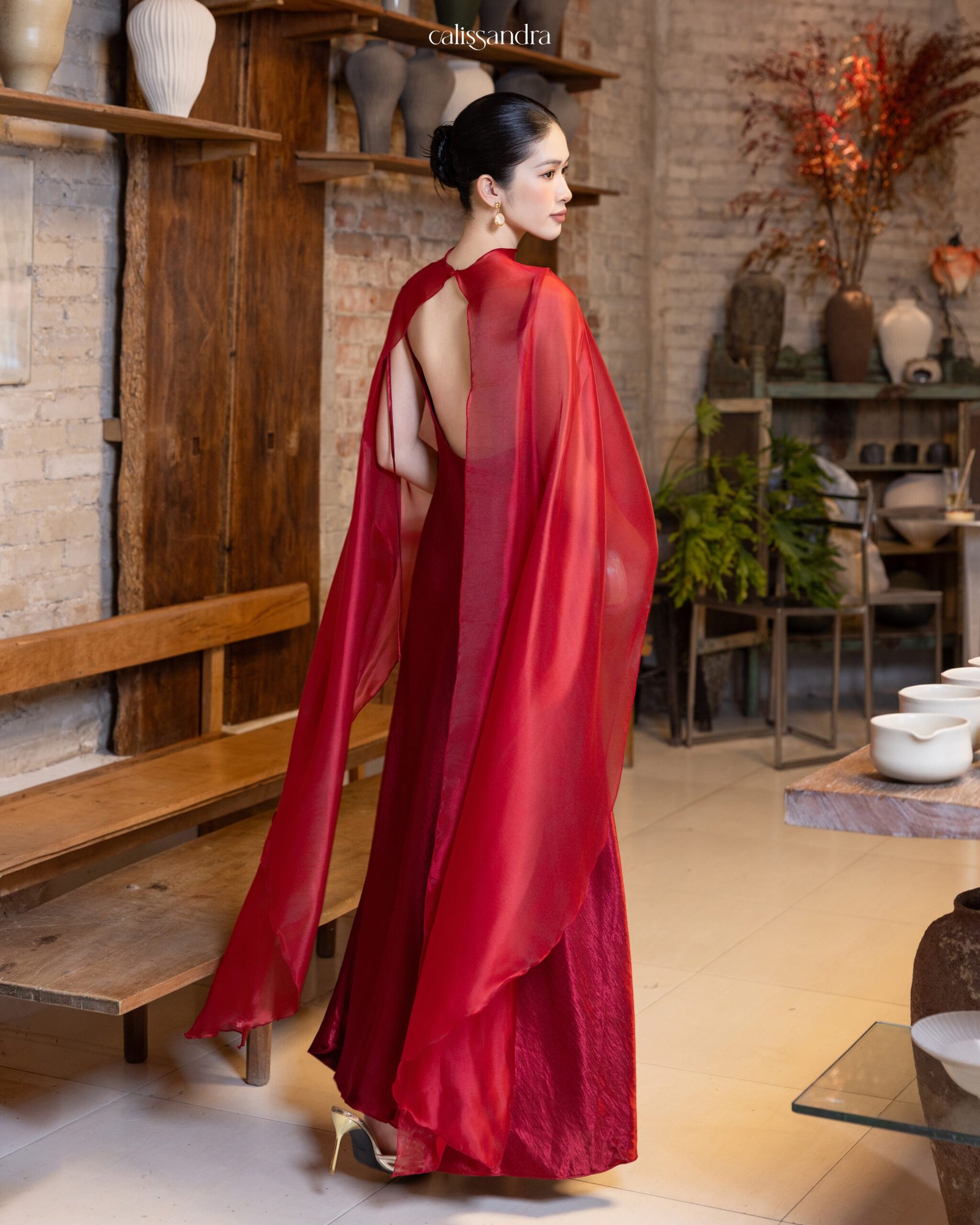 Calissandra Ruby Red Evening Gown - Dramatic Back View