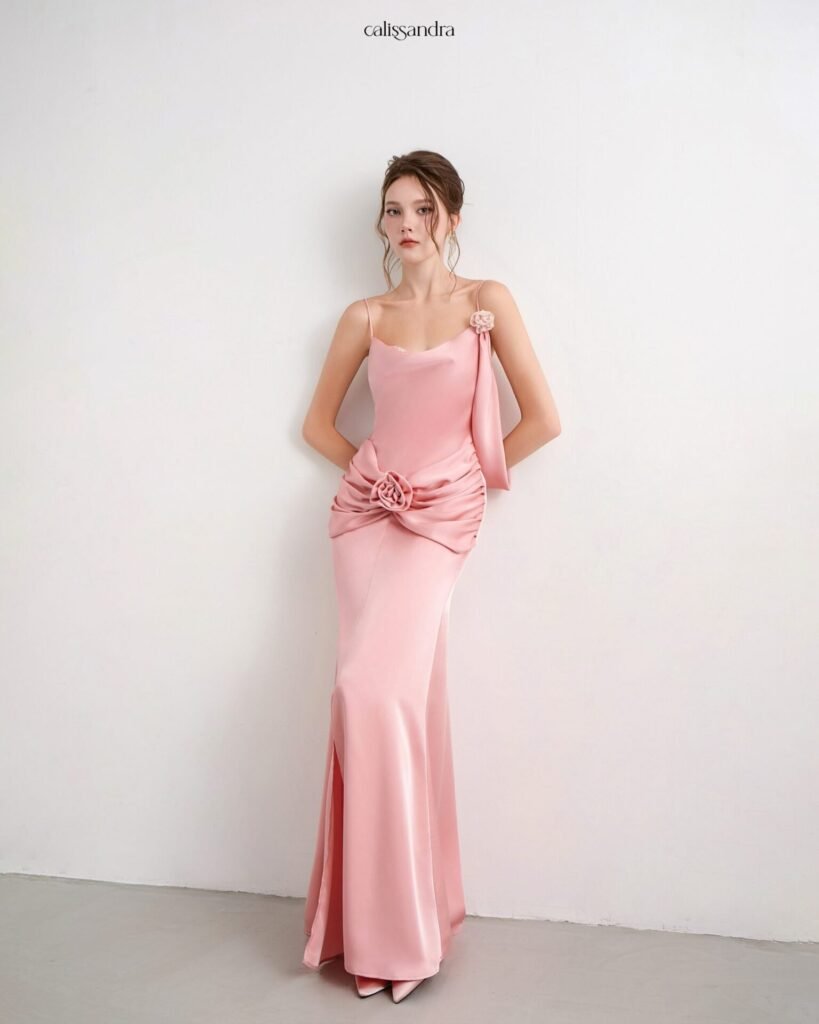 Model wearing the blush pink Calissandra Auriane Dress
