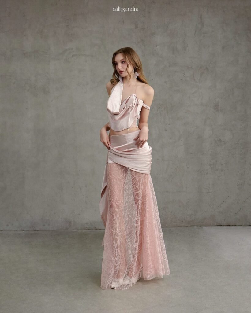 Model wearing the Calissandra Miralys Set with lace overlay