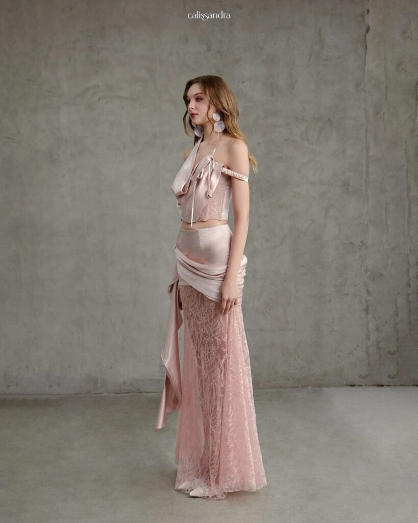 Model wearing the Calissandra Miralys Set with lace overlay